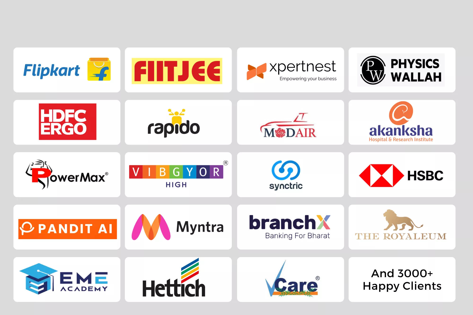 Clients of RV Rising Media — Flipkart, FIITJEE, Physics Wallah, HDFC ERGO, HSBC, Myntra, Rapido, Hettich, Vibgyor High, and 3,000+ more