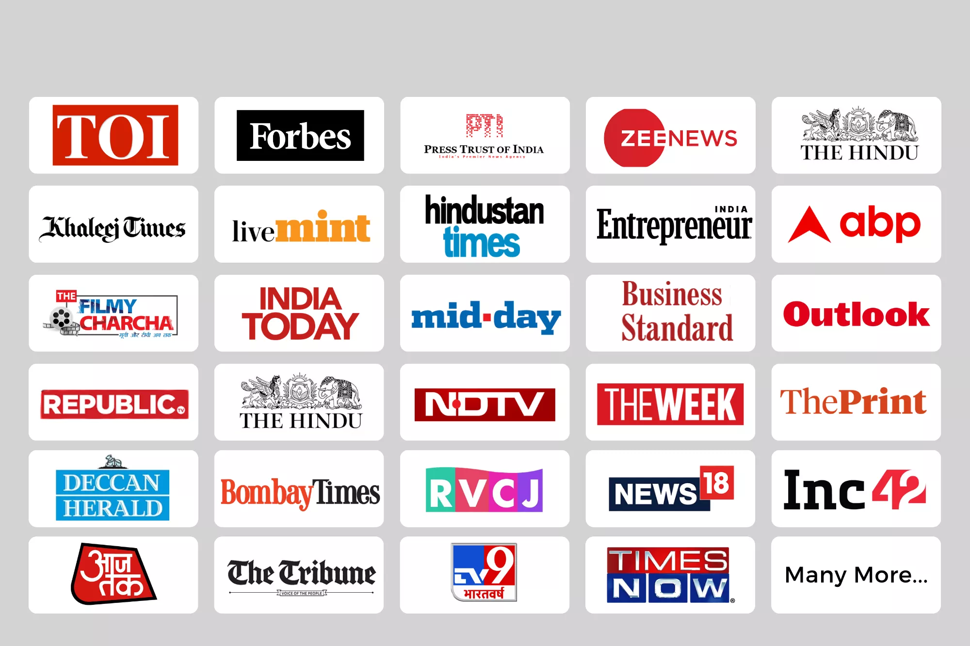 Media partners of RV Rising Media — Times of India, Forbes, PTI, Zee News, The Hindu, Hindustan Times, Mid-Day, India Today, Business Standard, NDTV, Republic, News18, Aaj Tak, ABP and 30+ more